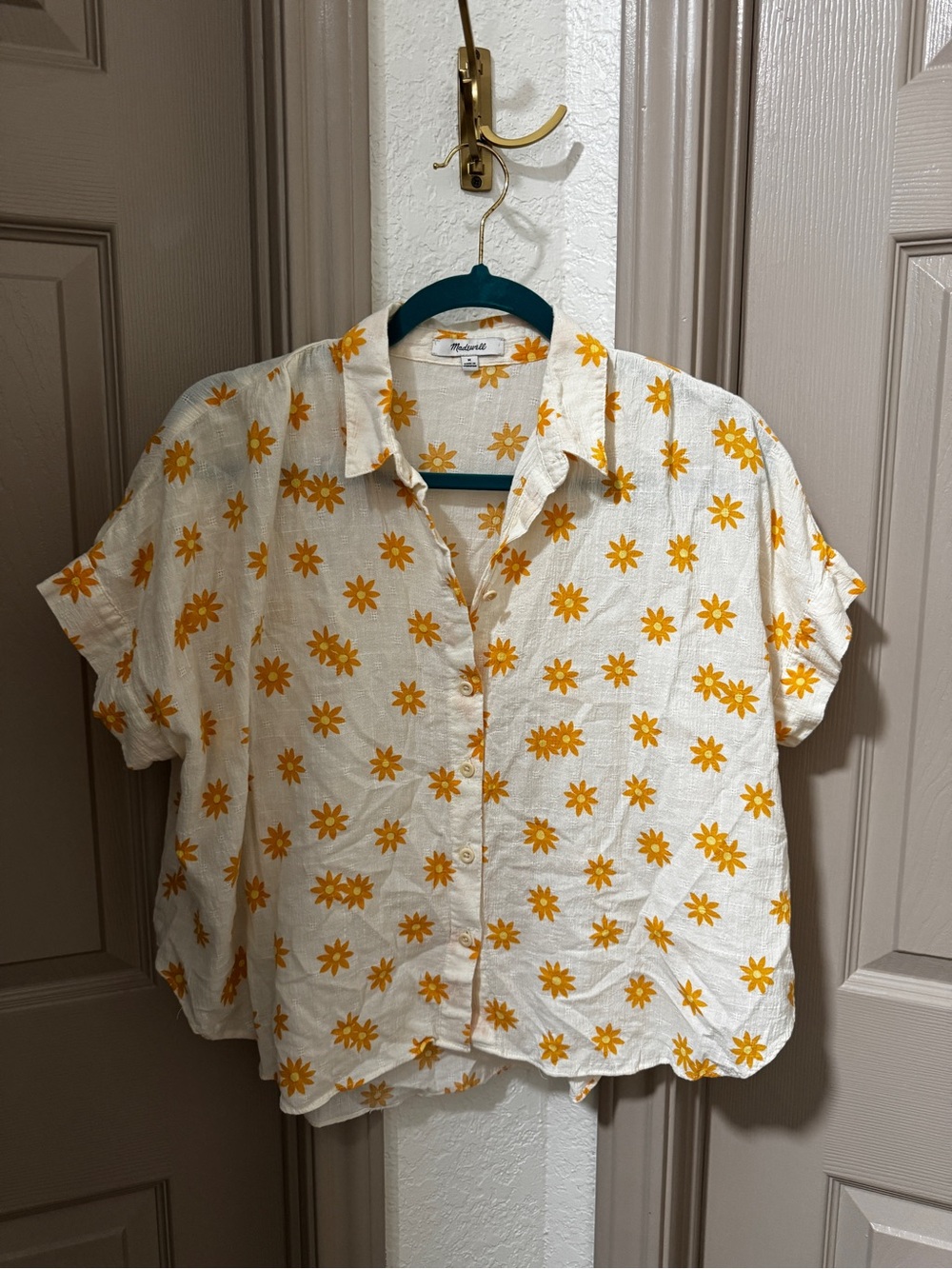 Madewell White Button-Front Shirt with Yellow Floral Print
